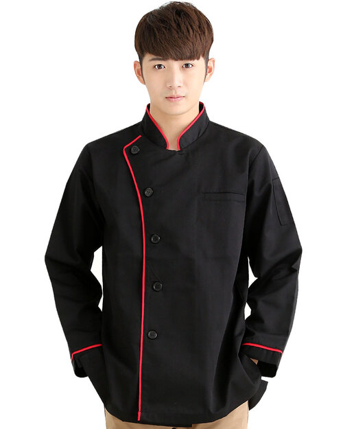 廚師服 單排黑釦 長袖 黑/紅<span>CCW-CAN-AB-12</span>  |商品介紹|餐飲服裝 / 廚師服 / 廚師帽|西式廚師服  【訂製款】